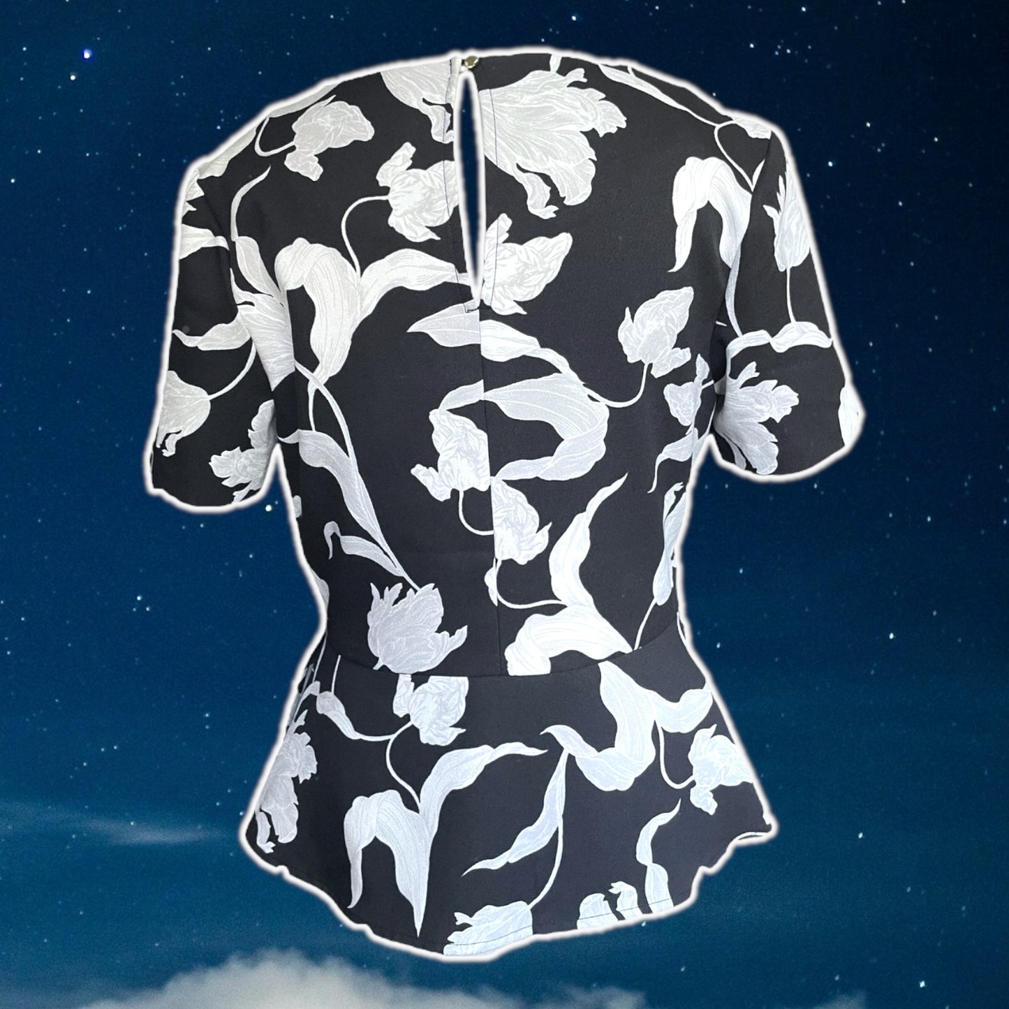 Black & White Floral Peplum Top - Size S