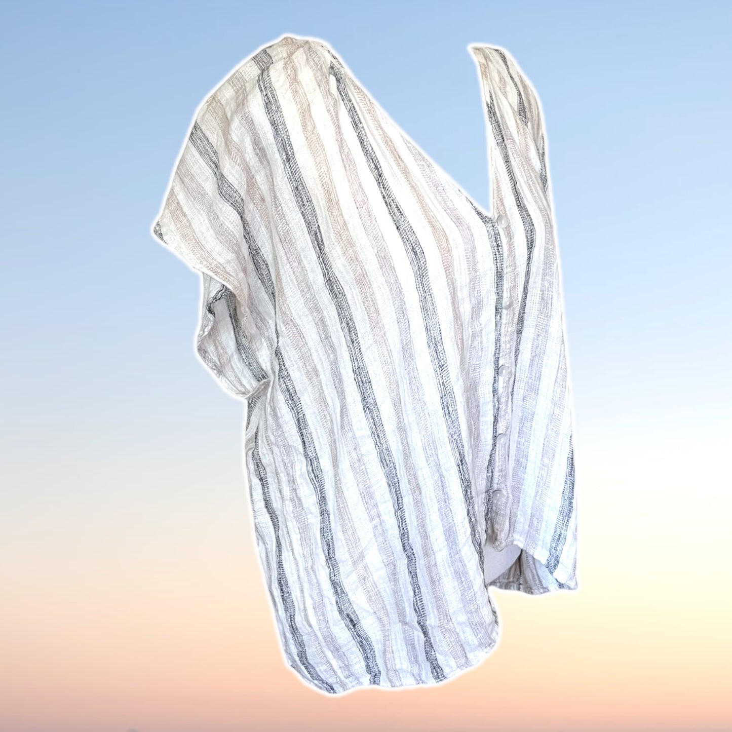 Beige & Grey Striped Linen-blend Button-up Blouse - Size M