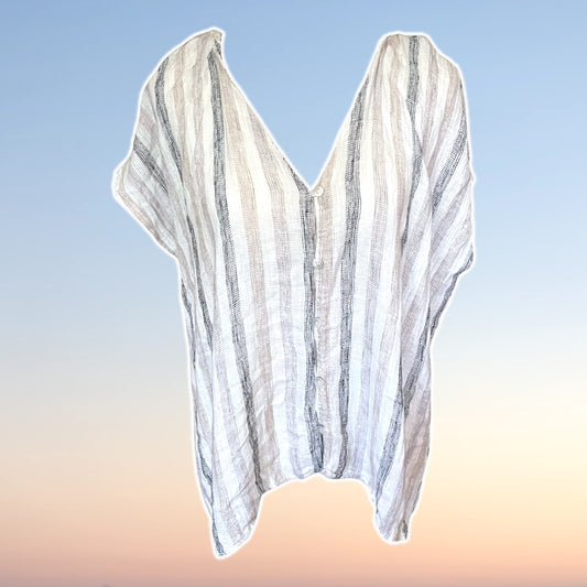 Beige & Grey Striped Linen-blend Button-up Blouse - Size M
