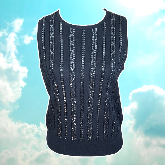 Black Wool Blend Sequined Sleeveless Top - Size L