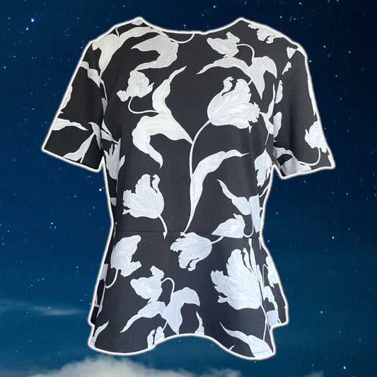 Black & White Floral Peplum Top - Size S