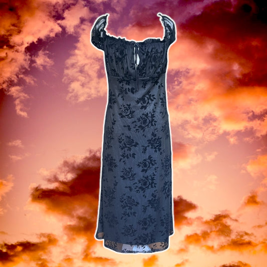 Black Chiffon Velvet Floral Dress - Size XL
