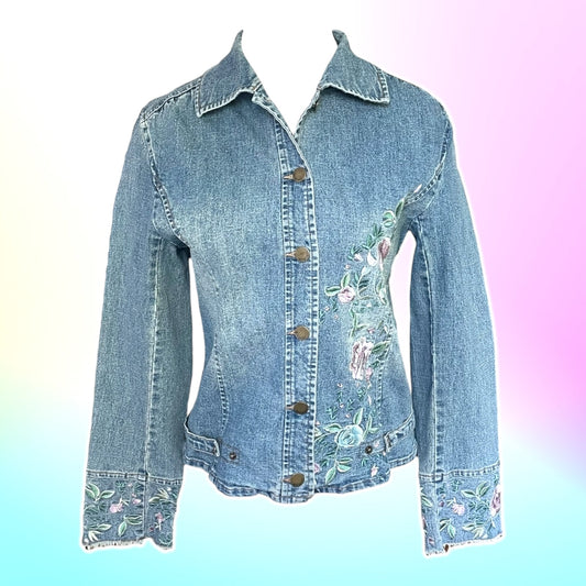 Flower Embroidered Denim Jacket - Size M